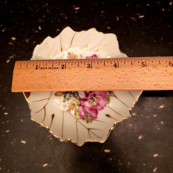 Nasco Del Coronado Leaf Shape Trinket Dish Flowers Gold Trim Handle Vintage - Picture 7 of 7